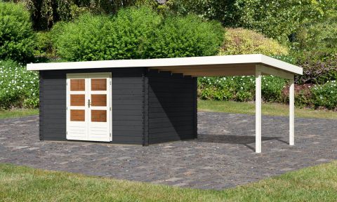 Berging / tuinhuis SET met lessenaarsdak incl. groot aanbouw dak, kleur: antraciet, grondoppervlakte: 9,52 m²