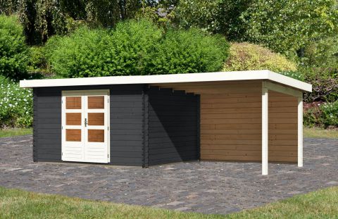 Berging / tuinhuis SET met lessenaarsdak incl. aanbouw dak & achterwand, kleur: antraciet, grondoppervlakte: 9.52 m²