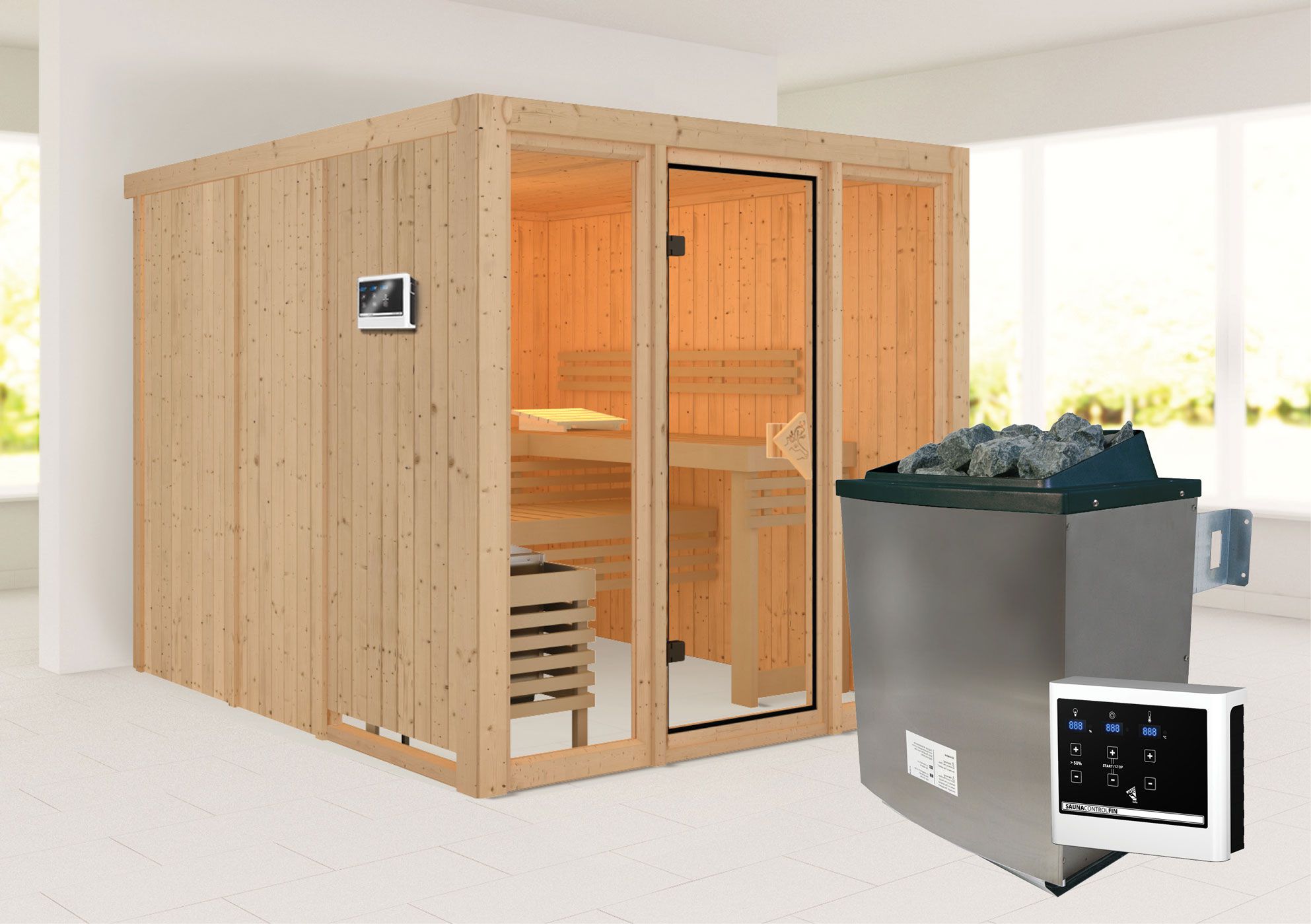 Sauna "Druna" SET met bronskleurige deur en glazen front - kleur: naturel, kachel externe regeling eenvoudig 9 kW - 216 x 234 x 198 cm (B x D x H)