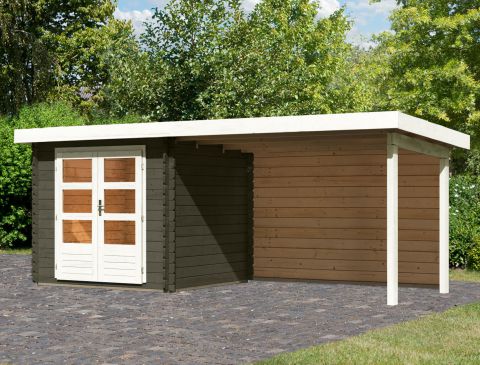 Berging / tuinhuis SET met lessenaarsdak incl. aanbouw dak & achterwand, kleur: terra grijs, grondoppervlakte: 4.84 m²