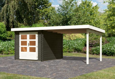 Berging / tuinhuis SET met lessenaarsdak incl. aanbouw dak, kleur: terra grijs, grondoppervlakte: 6.16 m²