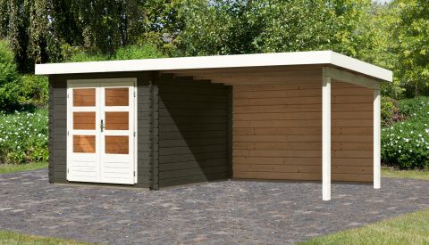 Berging / tuinhuis SET met lessenaarsdak incl. aanbouw dak & achterwand, kleur: terra grijs, grondoppervlakte: 6.16 m²