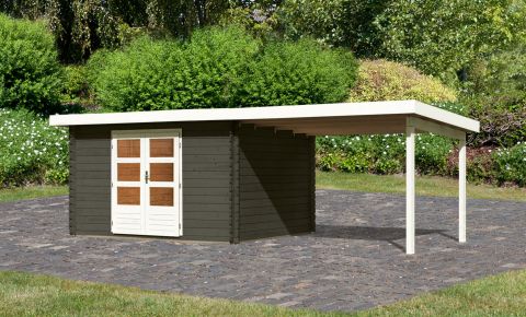 Berging / tuinhuis SET met lessenaarsdak incl. aanbouw dak, kleur: terra grijs, grondoppervlakte: 9.52 m²