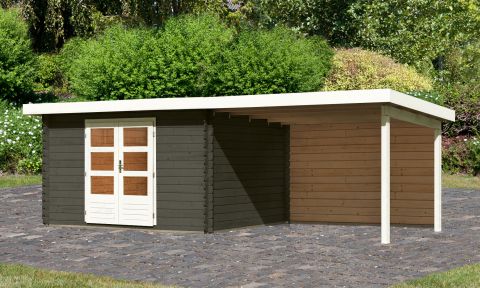 Berging / tuinhuis SET met lessenaarsdak incl. aanbouw dak & achterwand, kleur: terra grijs, grondoppervlakte: 9.52 m²