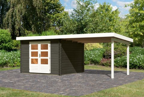 Berging / tuinhuis SET ACTION met lessenaarsdak incl. aanbouw dak, kleur: terra grijs, oppervlakte: 7.84 m²