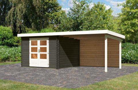 Berging / tuinhuis SET ACTION met lessenaarsdak incl. aanbouw dak & achterwand, kleur: terra grijs, grondoppervlakte: 7.84 m²