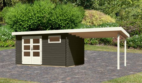 Berging / tuinhuis SET met lessenaarsdak incl. aanbouw dak, kleur: terra grijs, grondoppervlakte: 10.36 m²