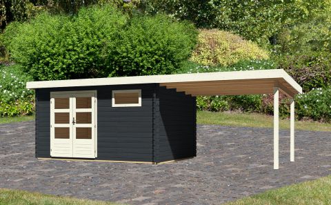 Berging / tuinhuis SET met lessenaarsdak incl. aanbouw dak, kleur: antraciet, grondoppervlakte: 10,36 m²