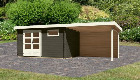 Berging / tuinhuis SET met lessenaarsdak incl. aanbouw dak & achterwand, kleur: terra grijs, grondoppervlakte: 10.36 m²