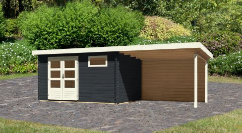 Berging / tuinhuis SET met lessenaarsdak incl. aanbouw dak & achterwand, kleur: antraciet, grondoppervlakte: 10.36 m²