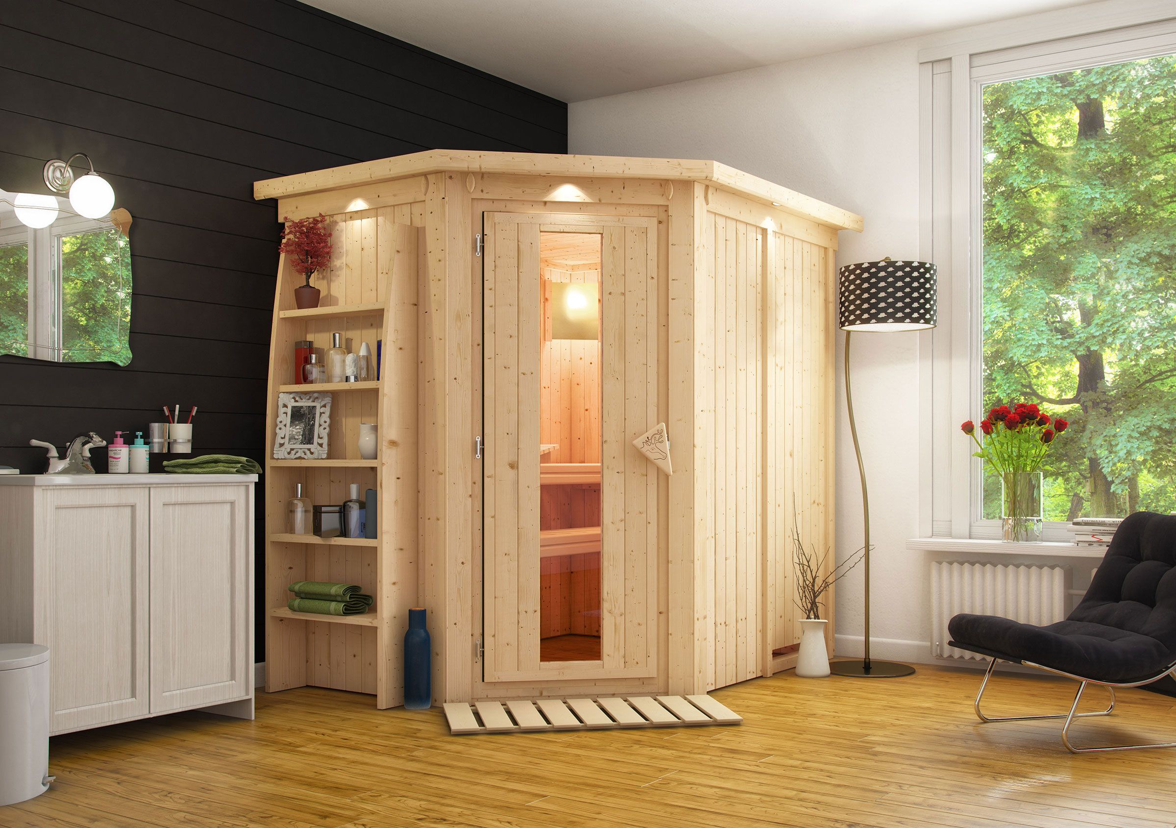 Energiebesparende sauna "Findus" met krans - Kleur: Naturel - 210 x 165 x 202 cm (B x D x H)