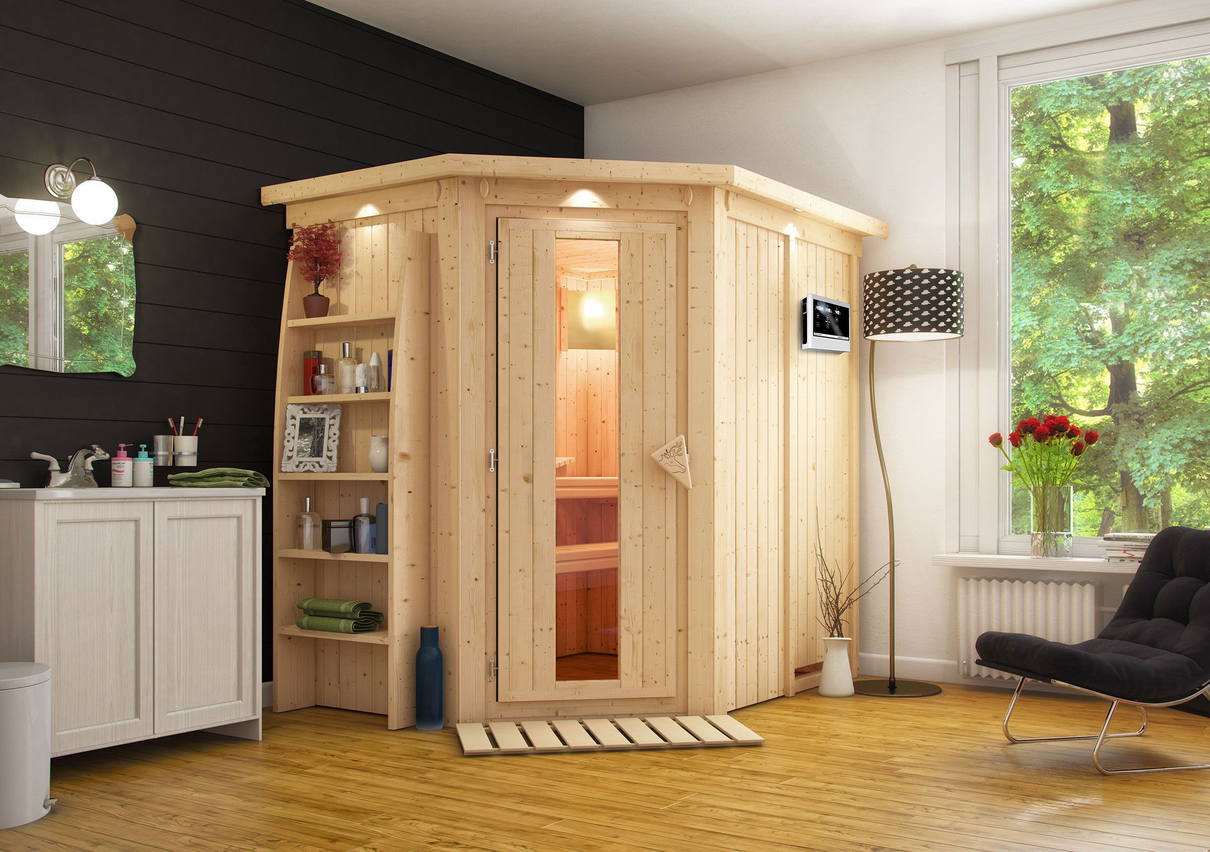 Energiebesparende sauna "Findus" SET - Kleur: Naturel, kachel externe regeling eenvoudig 3,6 kW - 210 x 165 x 202 cm (B x D x H)