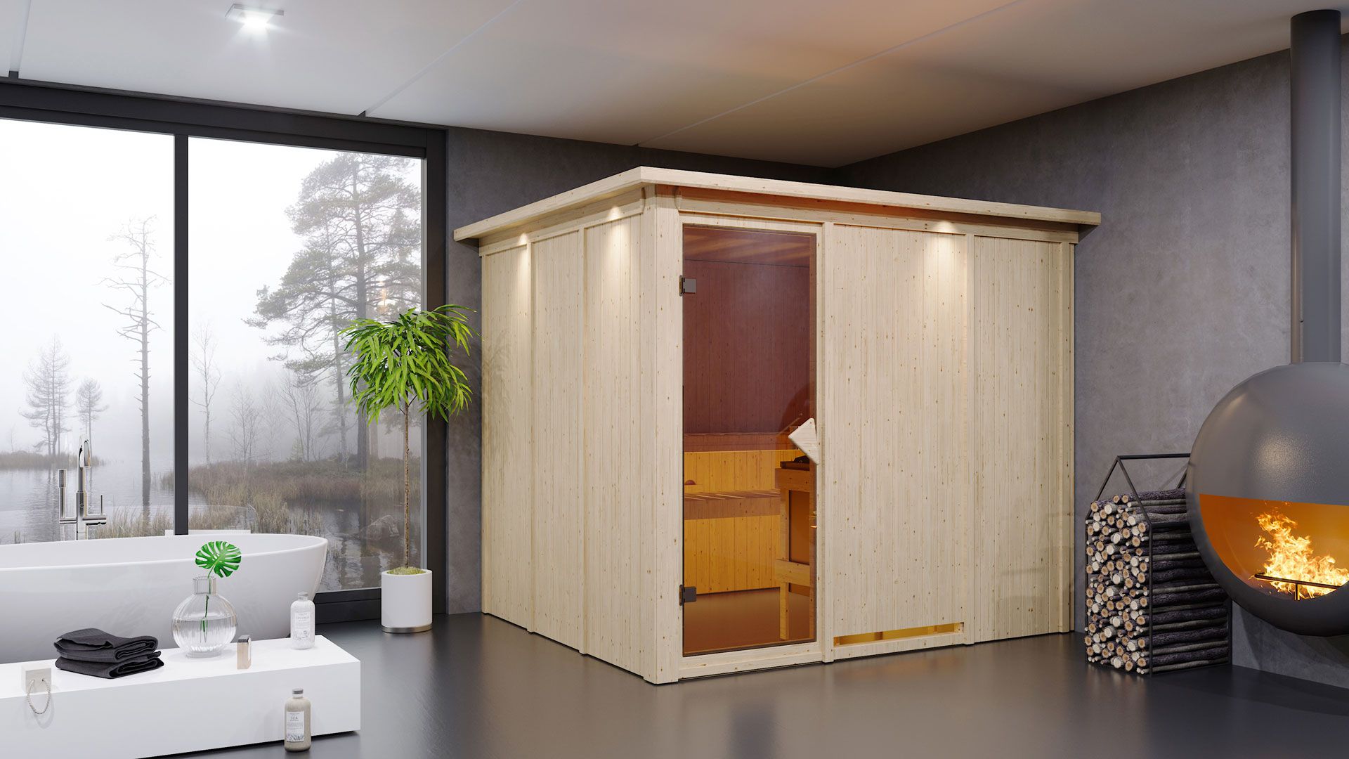 Toivo" sauna met bronskleurige deur en rand - Kleur: Naturel - 245 x 210 x 202 cm (B x D x H)
