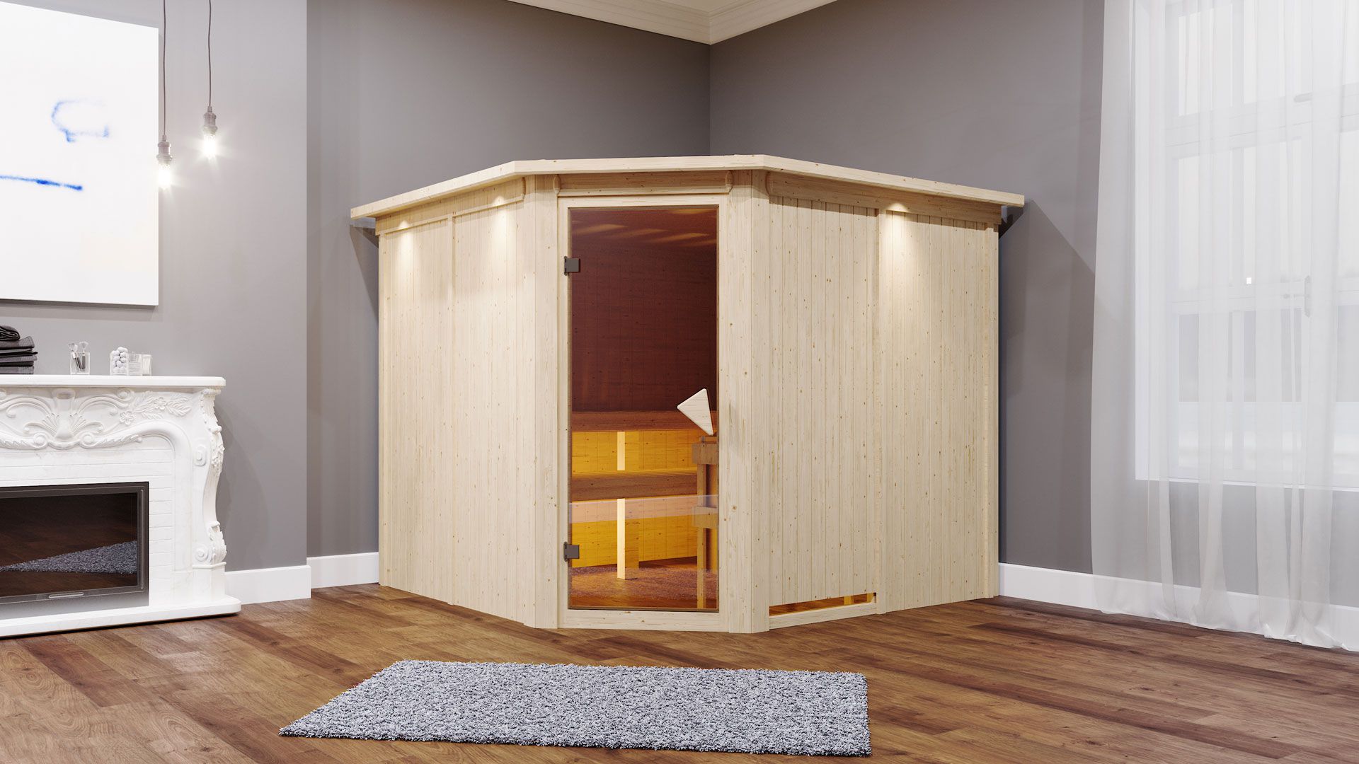 Samu" sauna met bronskleurige deur en rand - Kleur: Naturel - 245 x 210 x 202 cm (B x D x H)
