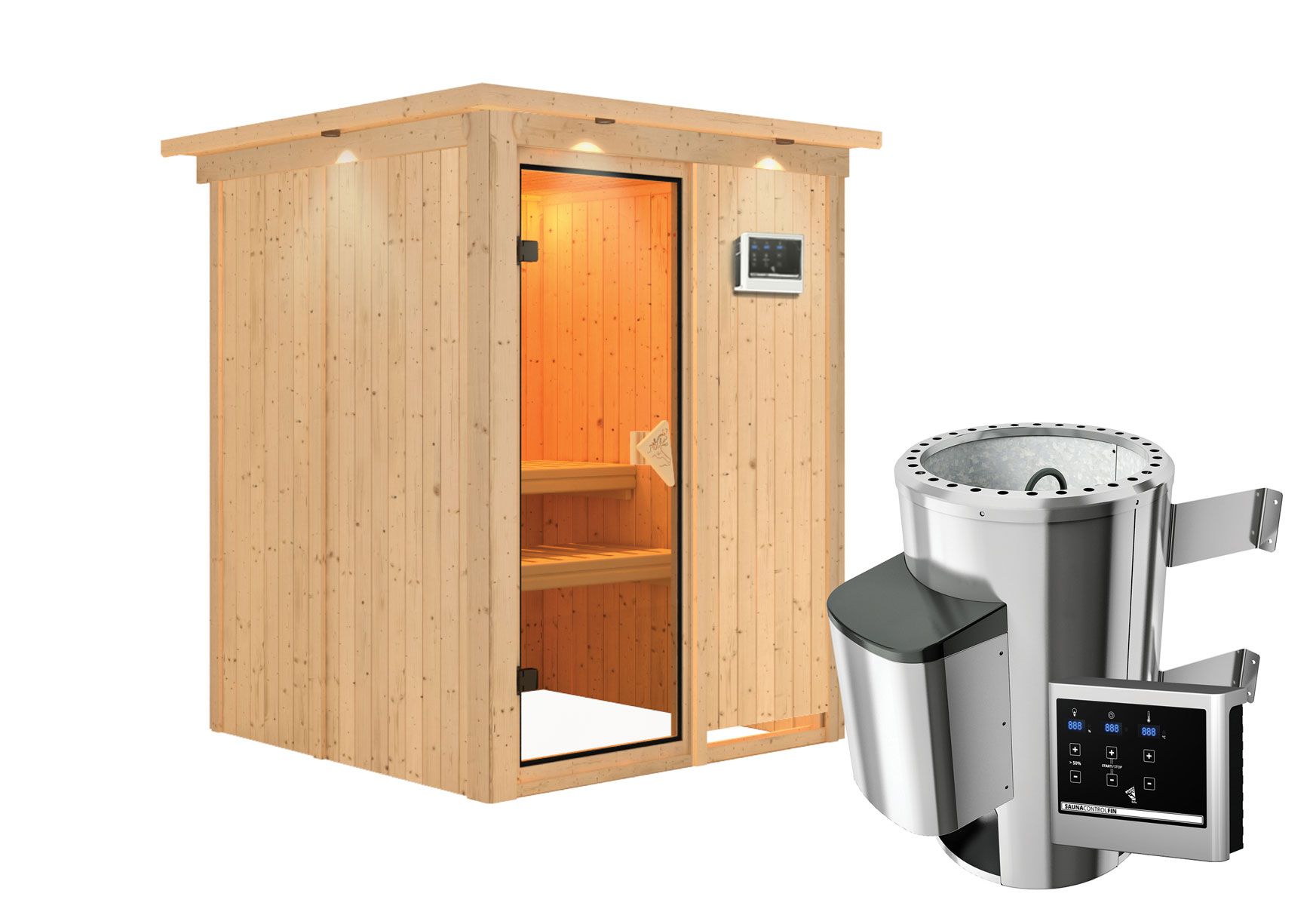 Sauna "Joran" SET met bronskleurige deur en rand - kleur: naturel, kachel externe regeling eenvoudig 3,6 kW - 165 x 165 x 202 cm (B x D x H)