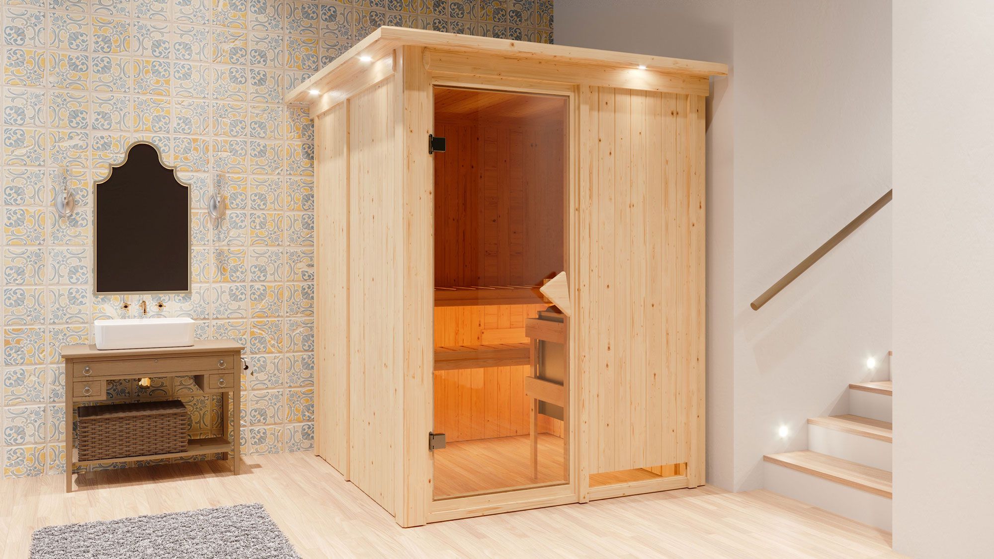 Joran" sauna met bronskleurige deur en rand - Kleur: Naturel - 165 x 165 x 202 cm (B x D x H)