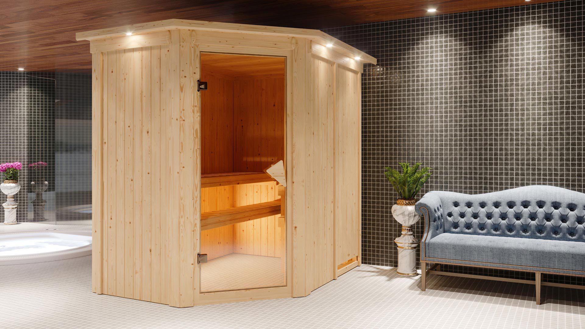 Ole" sauna met bronskleurige deur en rand - Kleur: Naturel - 165 x 210 x 202 cm (B x D x H)