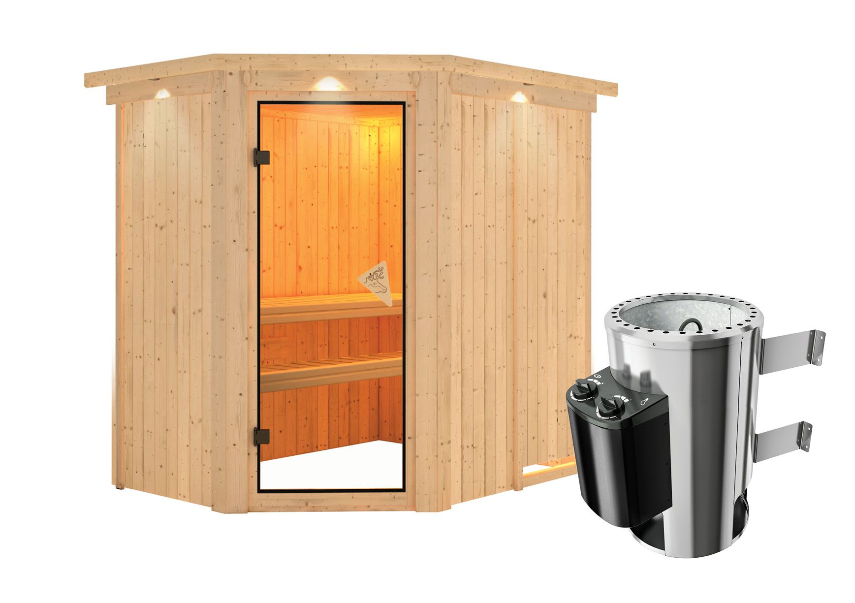 Sauna "Ole" SET met bronskleurige deur en rand met 3,6 kW kachel - 165 x 210 x 202 cm (B x D x H)