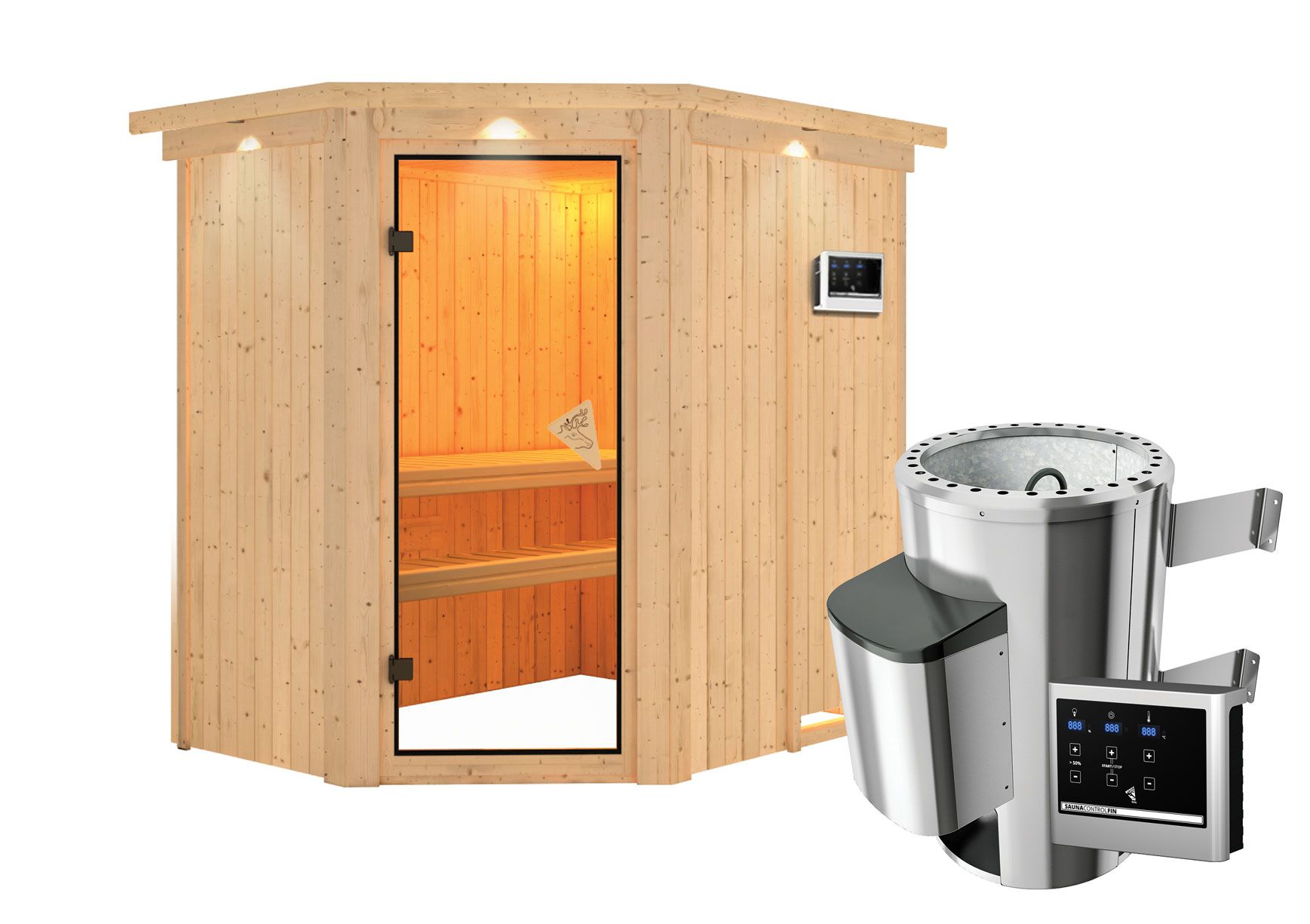 Sauna "Ole" SET met bronskleurige deur en rand - kleur: naturel, kachel externe regeling eenvoudig 3,6 kW - 165 x 210 x 202 cm (B x D x H)