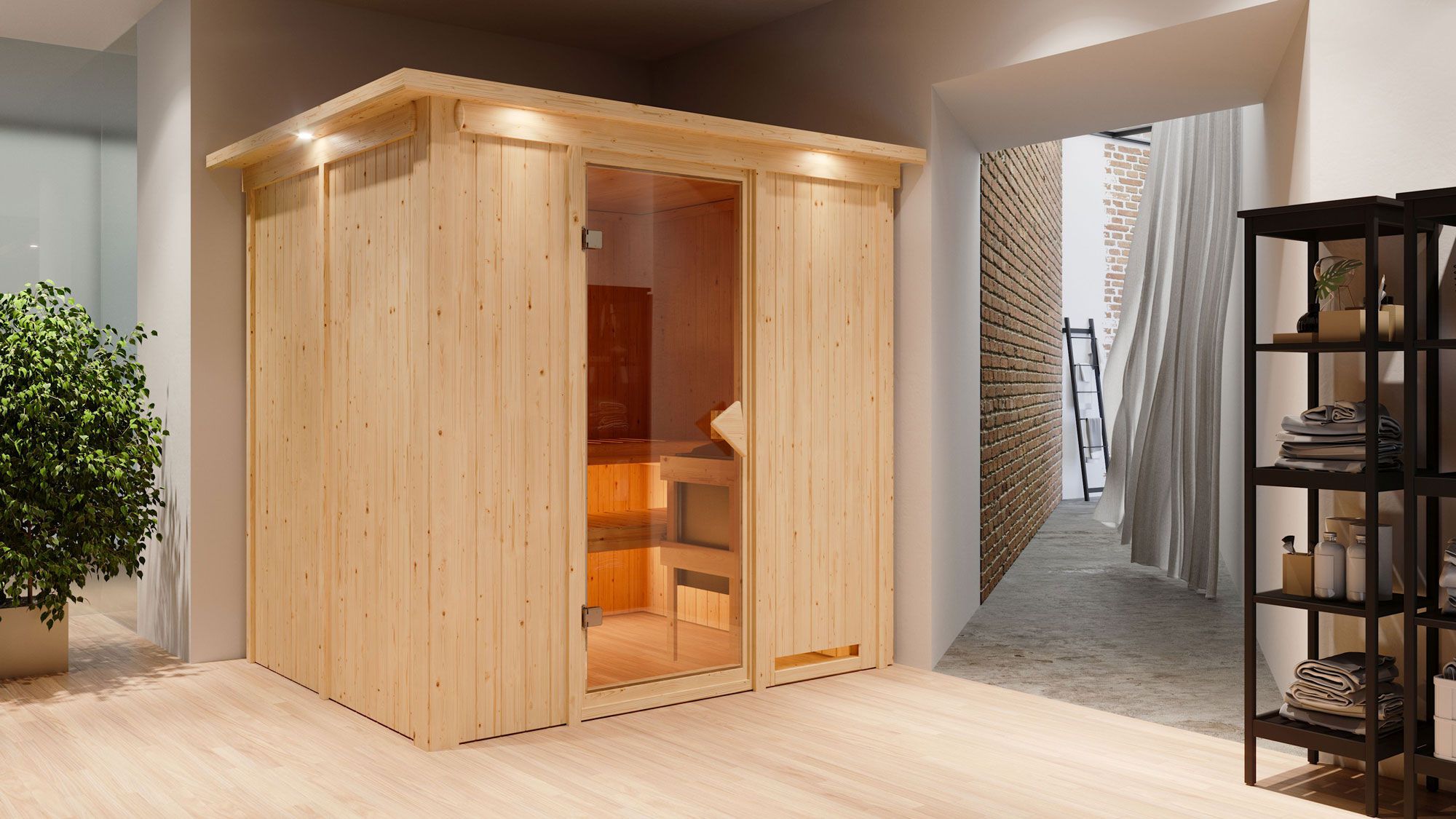 Agnar" sauna met bronskleurige deur en rand - Kleur: Naturel - 210 x 184 x 202 cm (B x D x H)