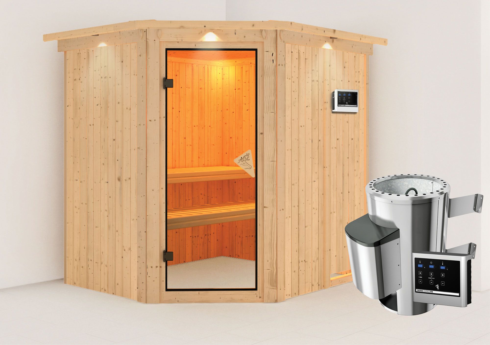 Sauna "Askjell" SET met bronskleurige deur en rand - kleur: naturel, kachel externe regeling eenvoudig 3,6 kW - 210 x 184 x 202 cm (B x D x H)