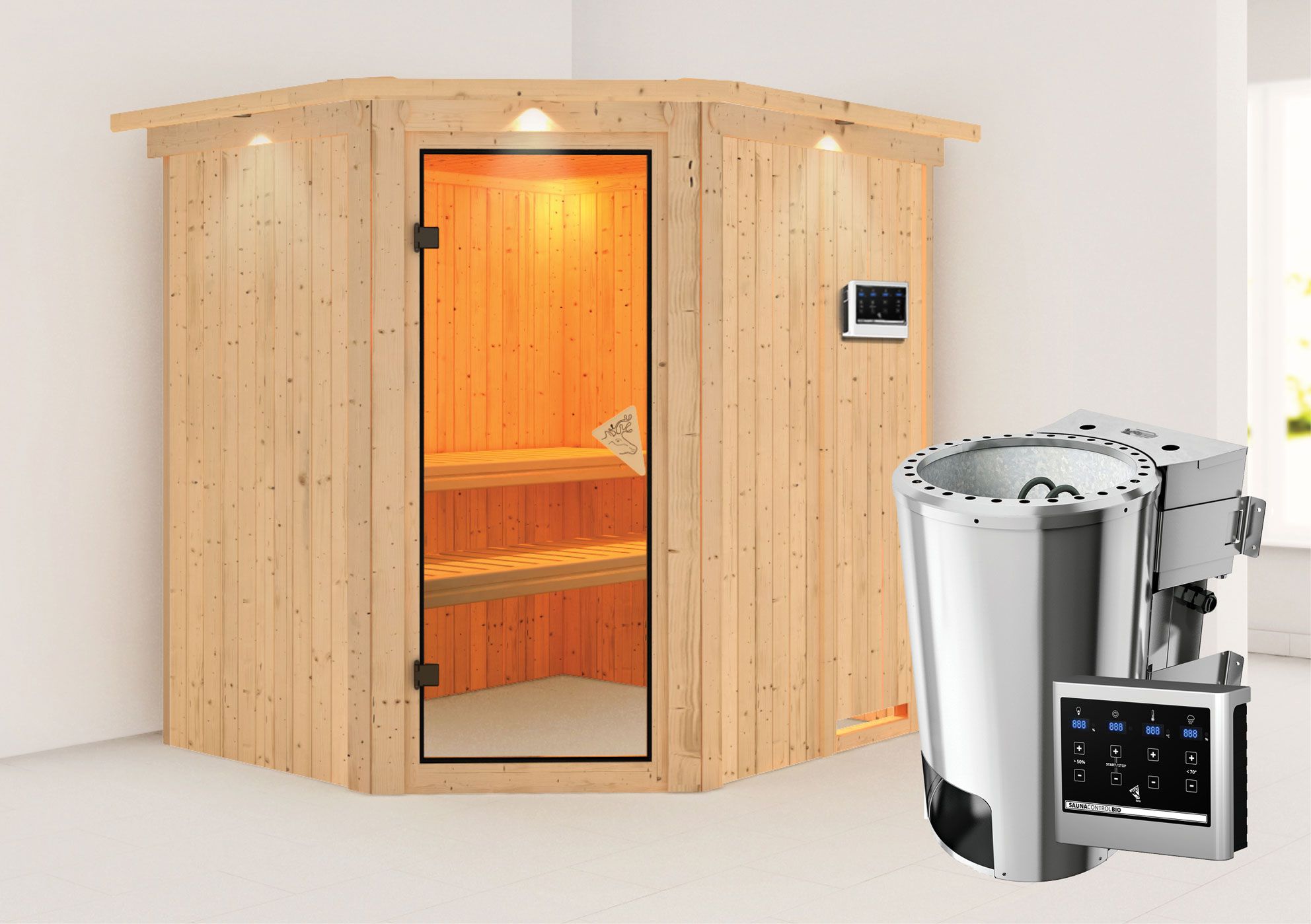 Sauna "Askjell" SET met bronskleurige deur en kroon met kachel BIO 3,6 kW - 210 x 184 x 202 cm (B x D x H)