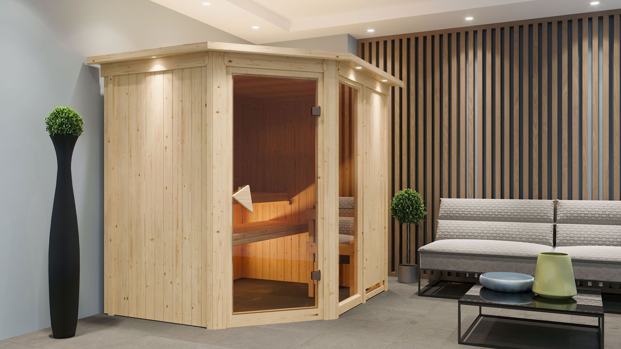 Bjarki 2" sauna SET met bronskleurige deur en rand met BIO 9 kW kachel - 210 x 184 x 202 cm (B x D x H)