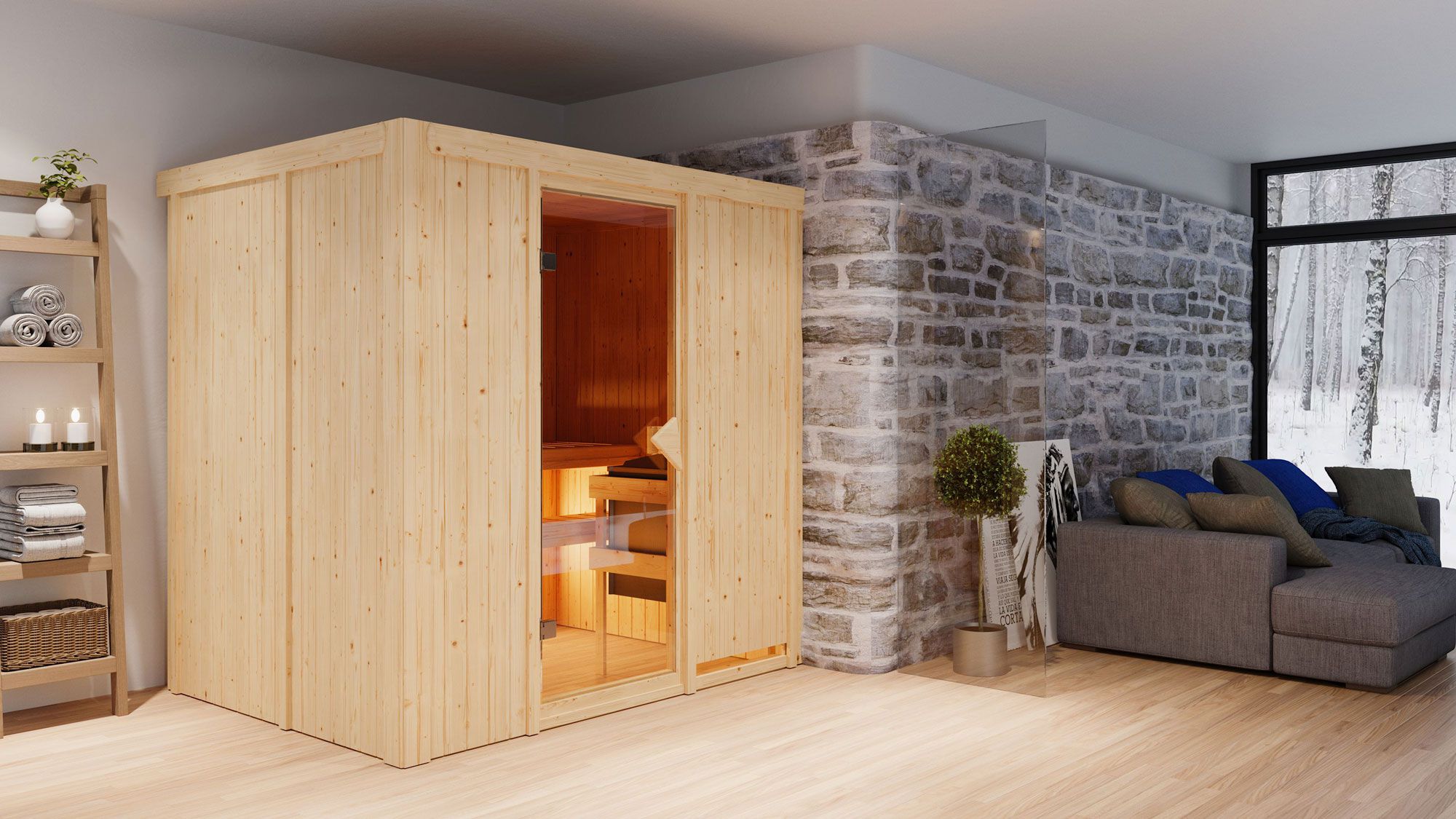 Sauna "Veli" SET met bronskleurige deur & kachel 9 kW roestvrij staal - 196 x 151 x 198 cm (B x D x H)