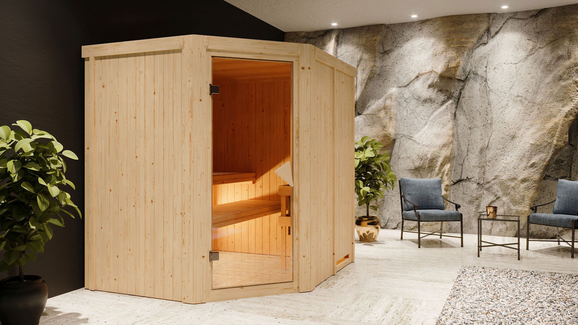Sauna "Hanko" SET met bronskleurige deur & kachel externe regeling eenvoudig 9 kW roestvrij staal - 196 x 170 x 198 cm (B x D x H)