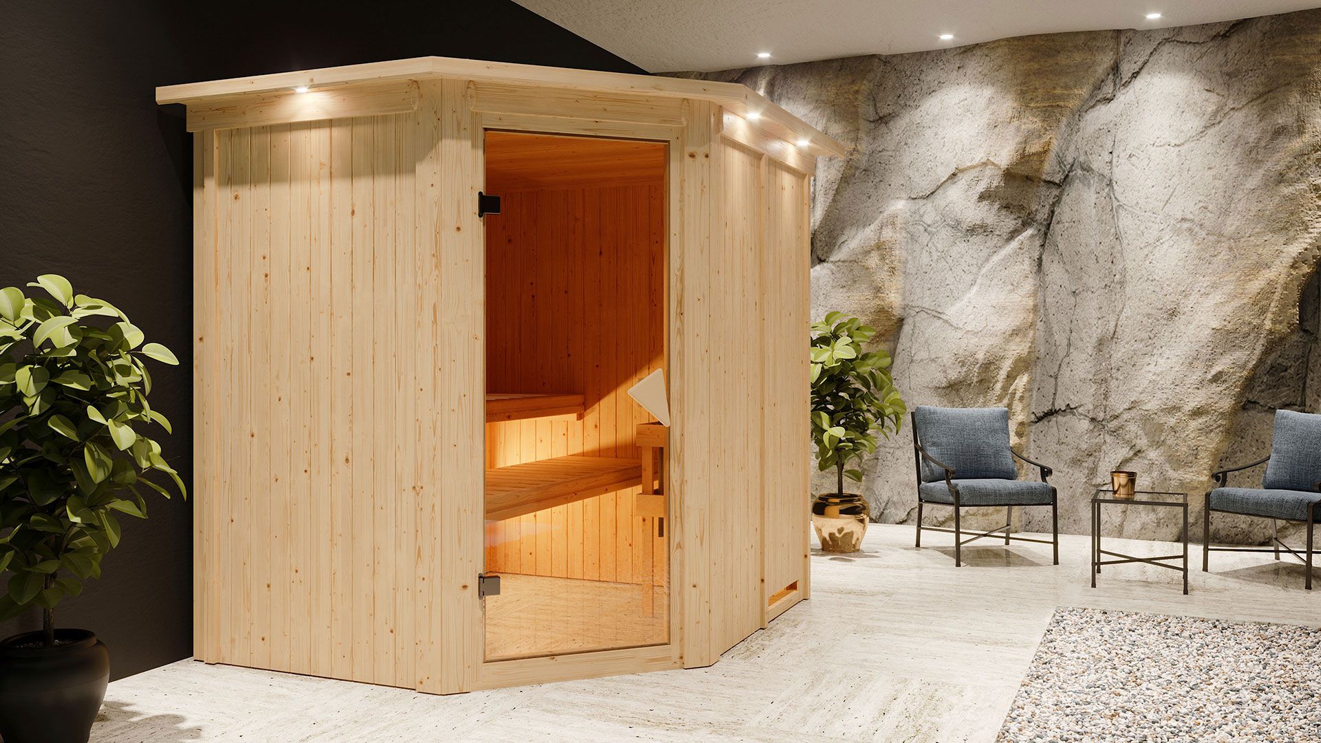 Sauna "Hanko" SET met kroon en kachel externe regeling gemakkelijk 9 kW roestvrij staal - 210 x 184 x 202 cm (B x D x H)