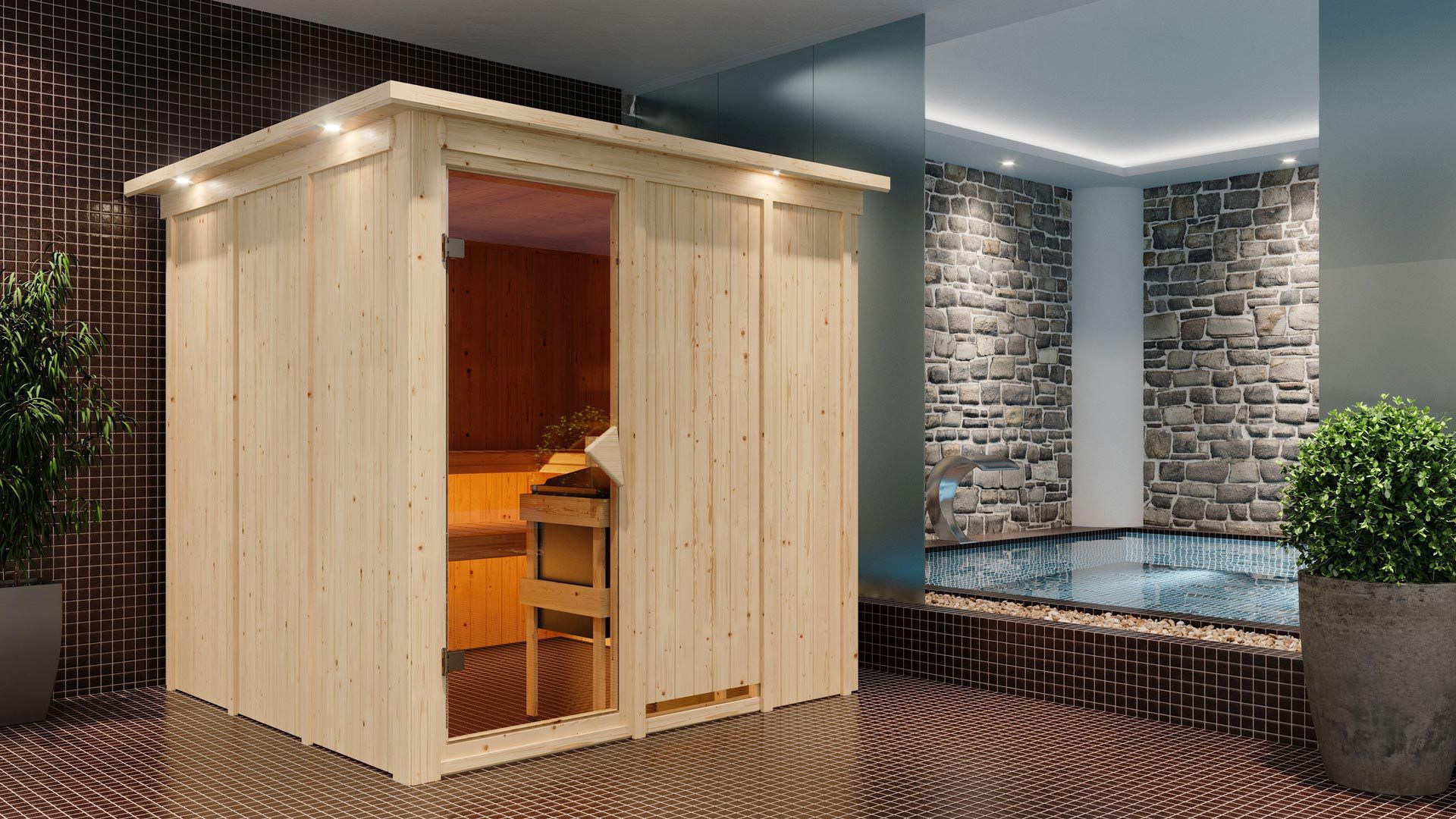Sauna "Aleksi" SET met kroon en kachel externe regeling gemakkelijk 9 kW roestvrij staal - 210 x 210 x 202 cm (B x D x H)