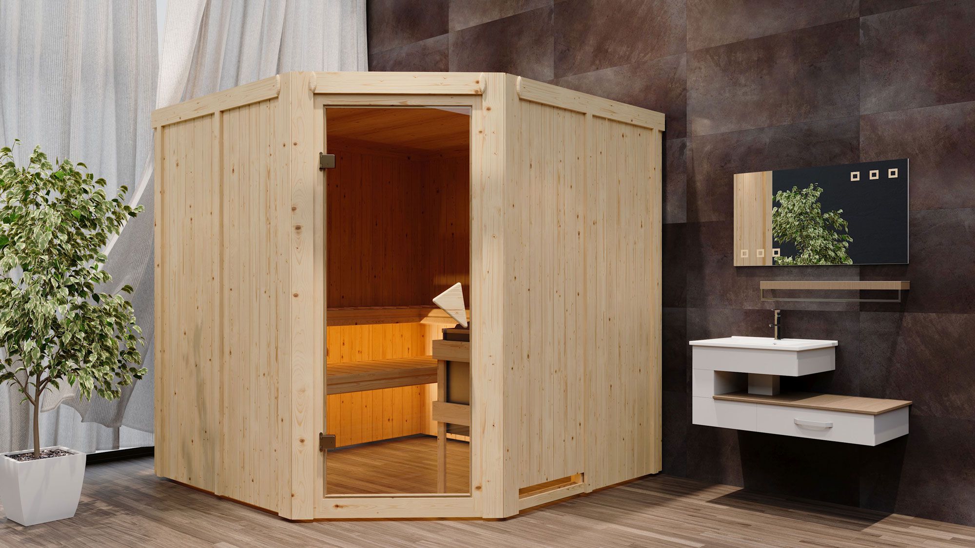 Sauna "Nooa" SET met kachel externe regeling eenvoudig 9 kW roestvrij staal - 196 x 196 x 198 cm (B x D x H)