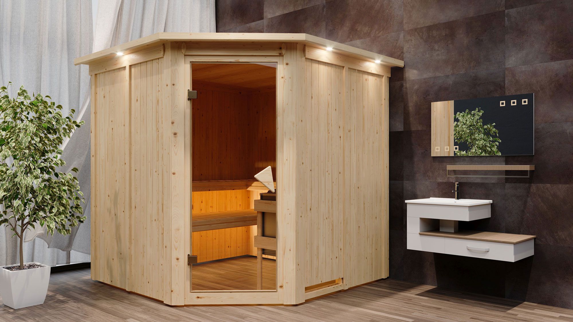 Sauna "Nooa" SET met kroon en kachel externe regeling gemakkelijk 9 kW roestvrij staal - 210 x 210 x 202 cm (B x D x H)