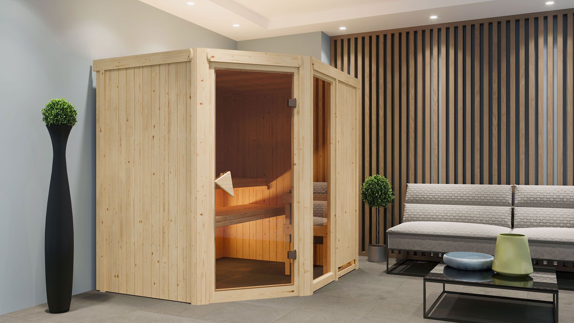 Sauna "Bjarki 2" SET met bronskleurige deur & kachel externe regeling eenvoudig 9 kW roestvrij staal - 196 x 170 x 198 cm (B x D x H)