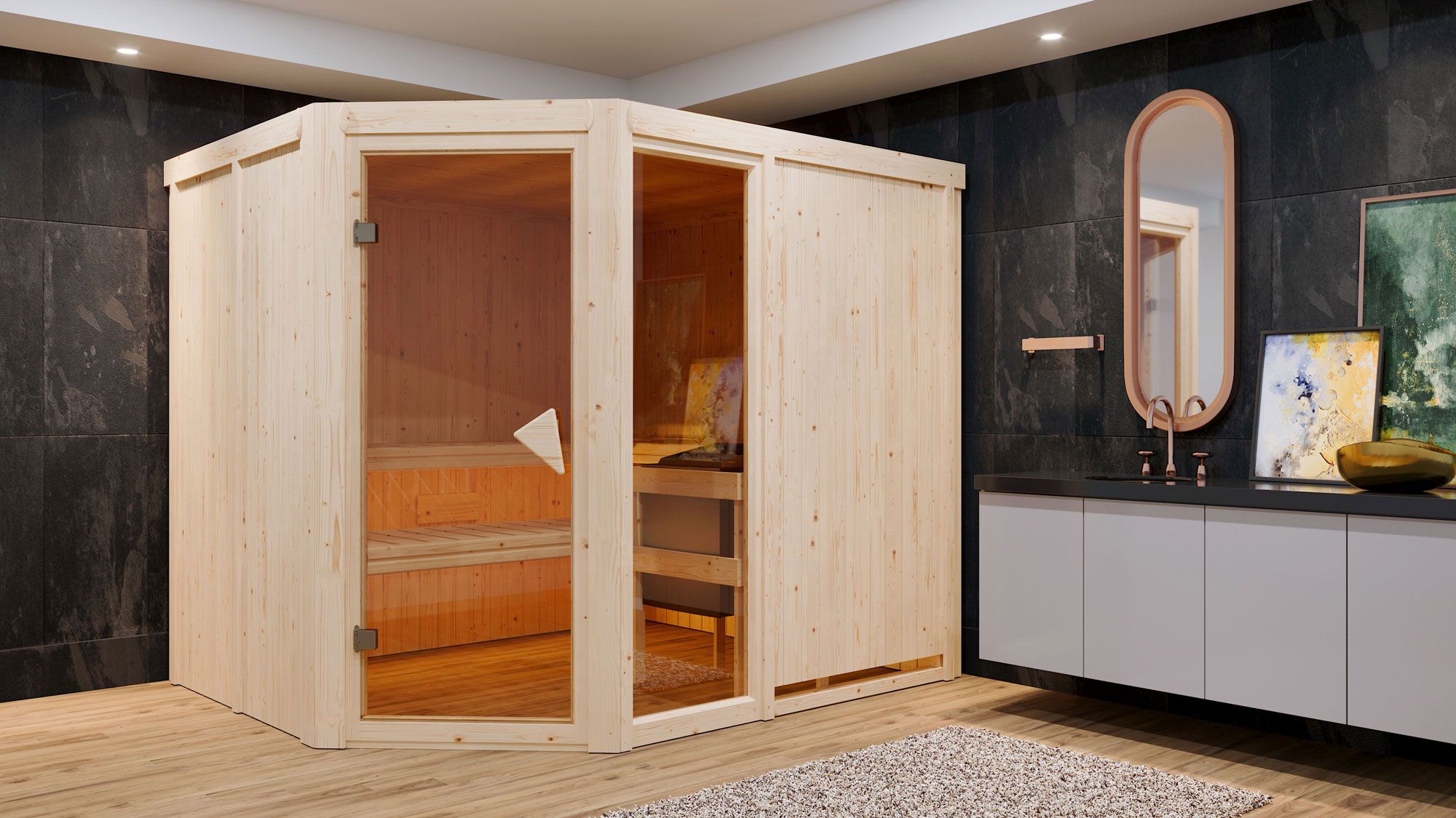 Sauna "Bjarki 3" SET met bronskleurige deur & kachel externe regeling eenvoudig 9 kW roestvrij staal - 231 x 196 x 198 cm (B x D x H)
