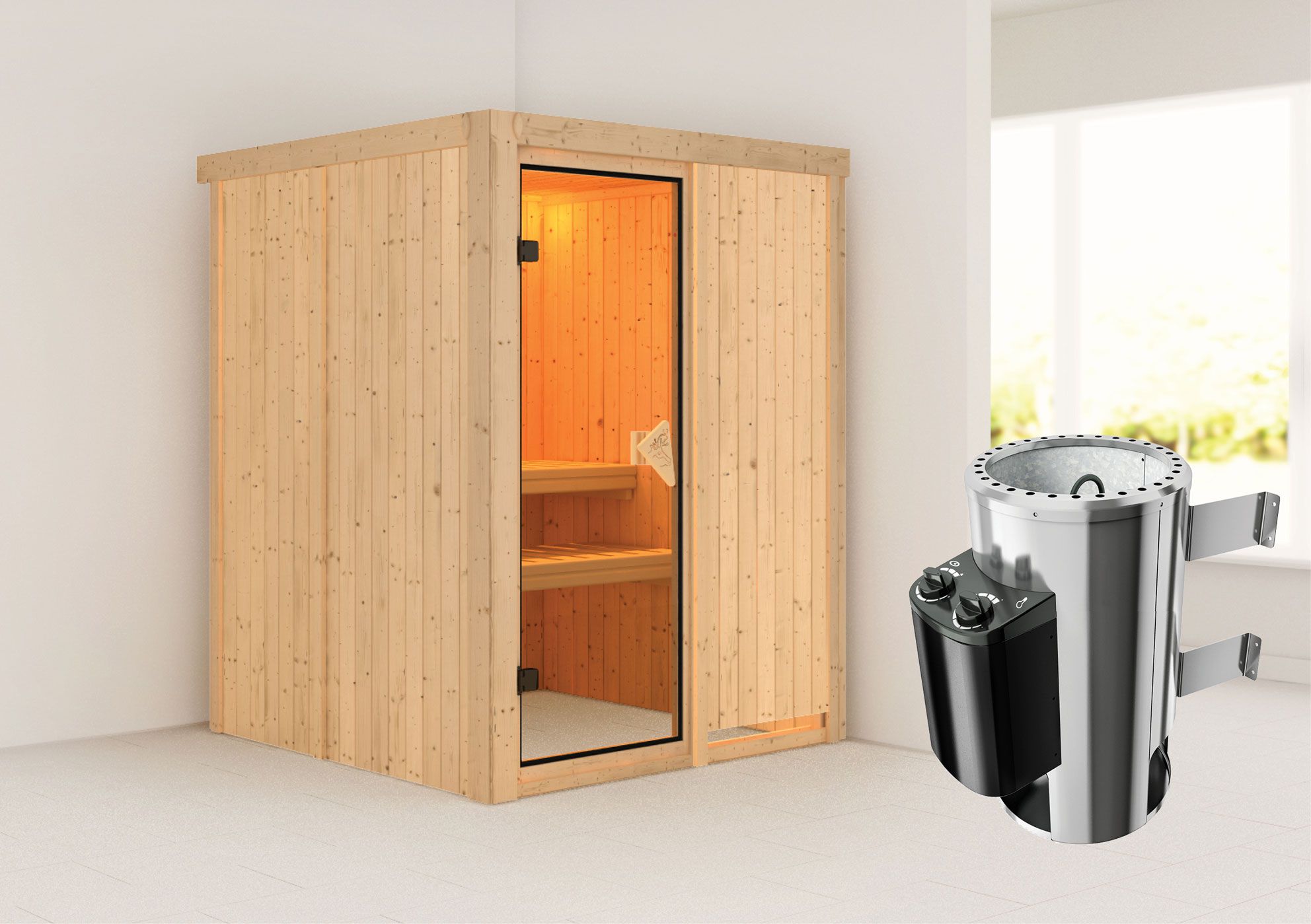 Sauna "Joran" SET met bronskleurige deur en kachel 3,6 kW - 151 x 151 x 198 cm (B x D x H)
