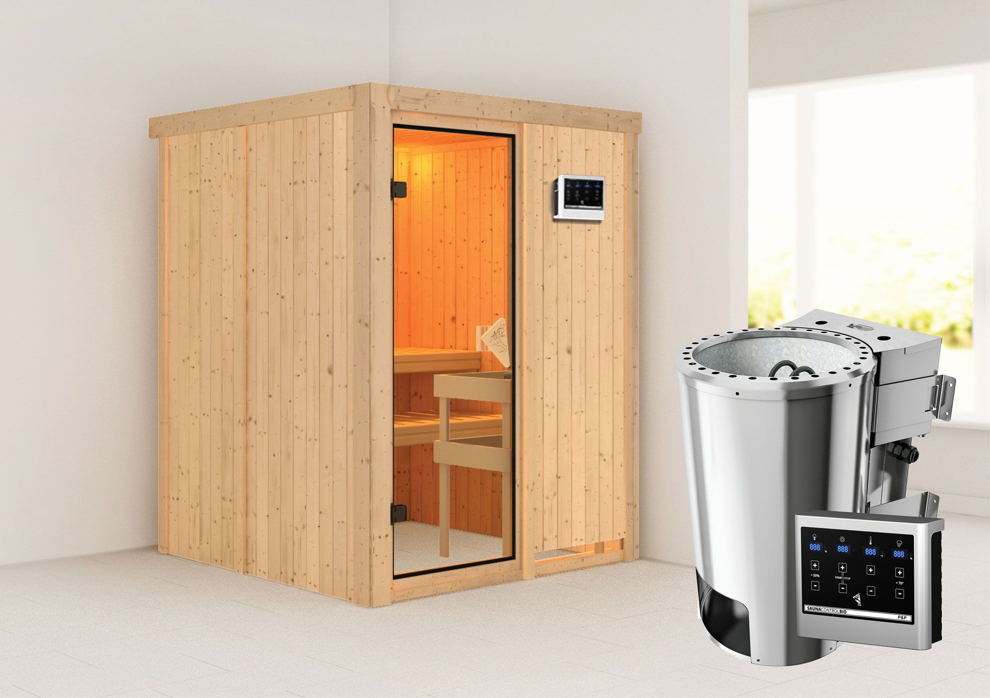 Sauna "Joran" SET met bronskleurige deur en kachel BIO 3,6 kW - 151 x 151 x 198 cm (B x D x H)