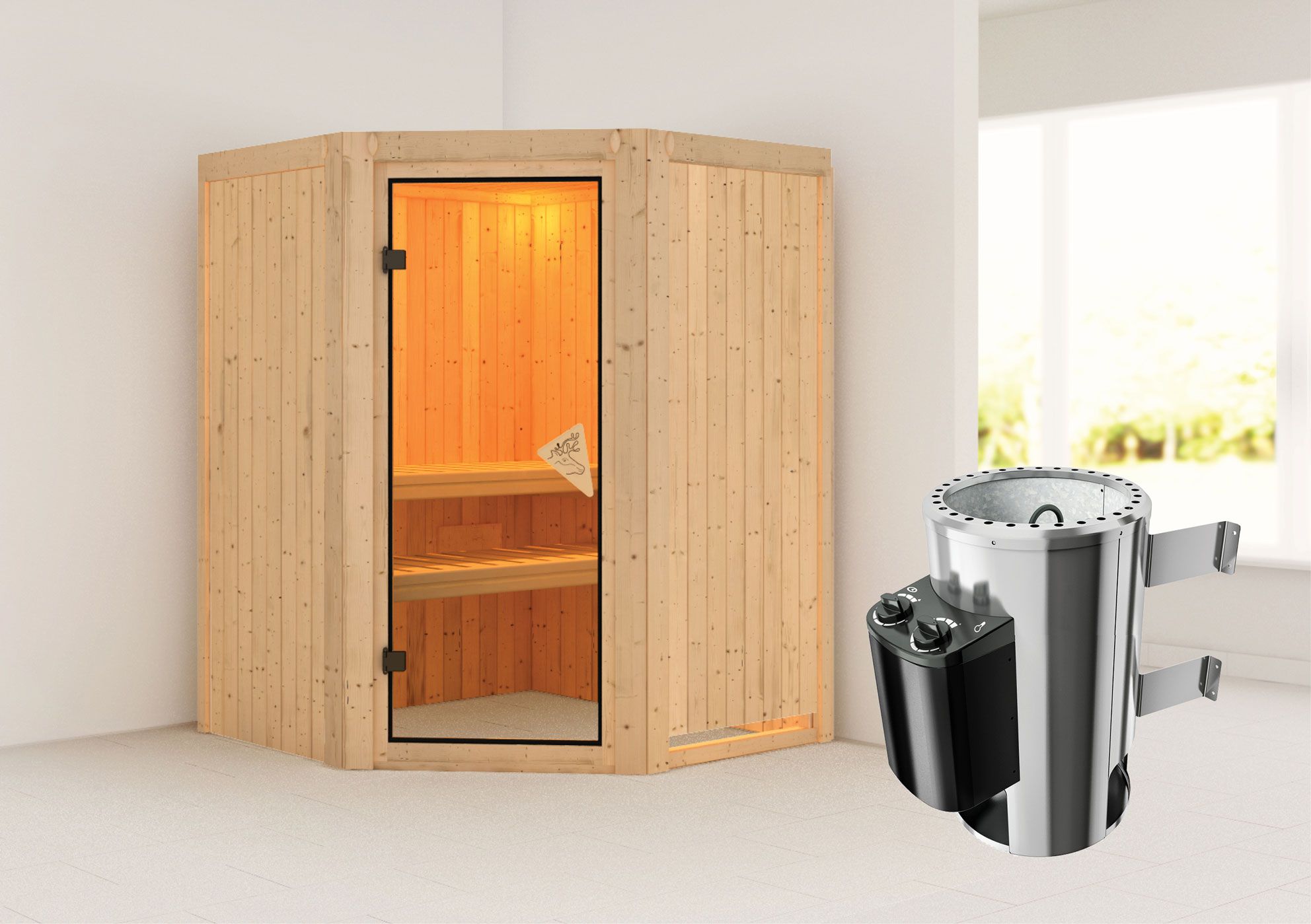 Sauna "Loran" SET met bronskleurige deur & kachel 3,6 kW - 151 x 151 x 198 cm (B x D x H)