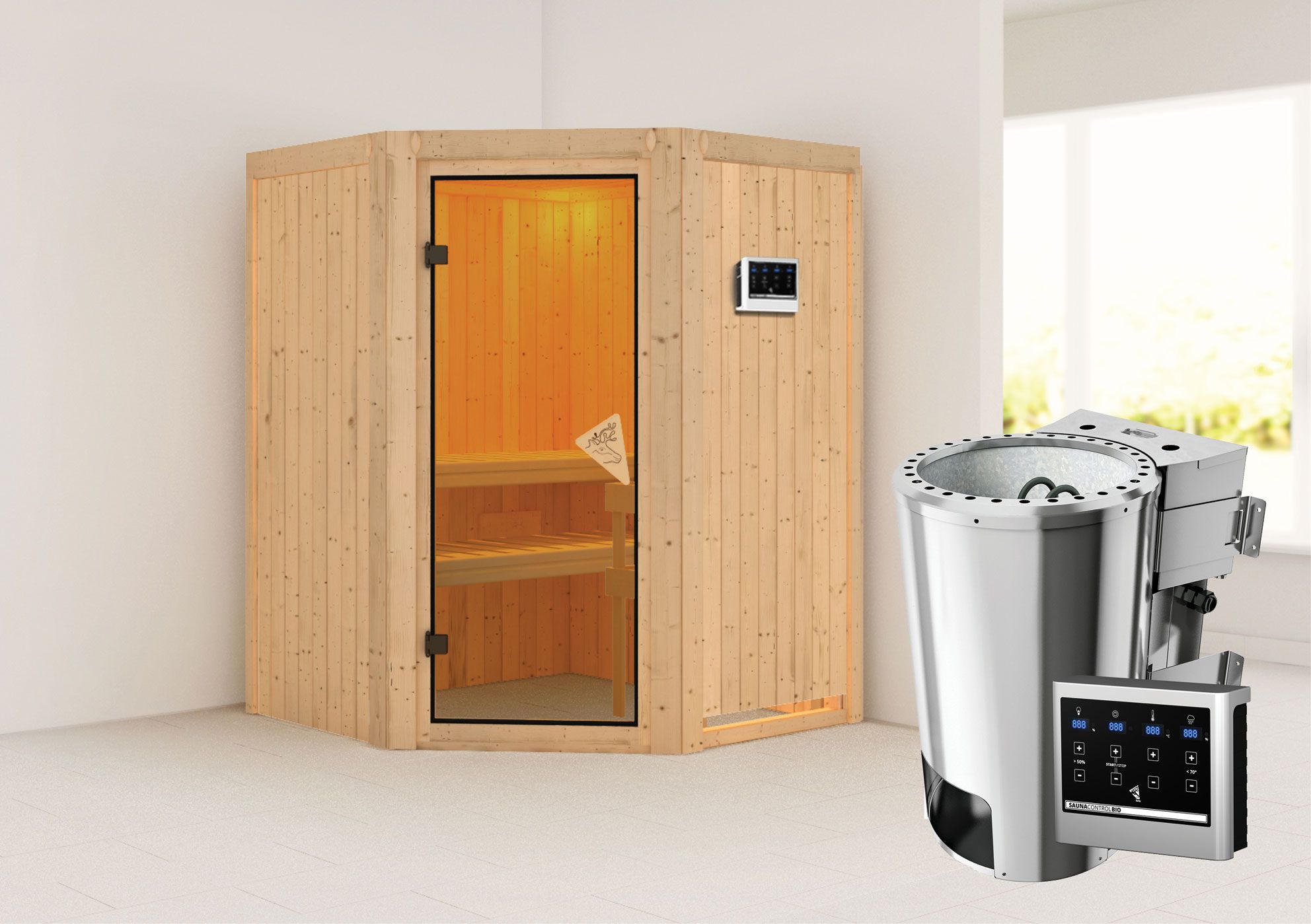 Sauna "Loran" SET met bronskleurige deur & kachel BIO 3,6 kW - 151 x 151 x 198 cm (B x D x H)