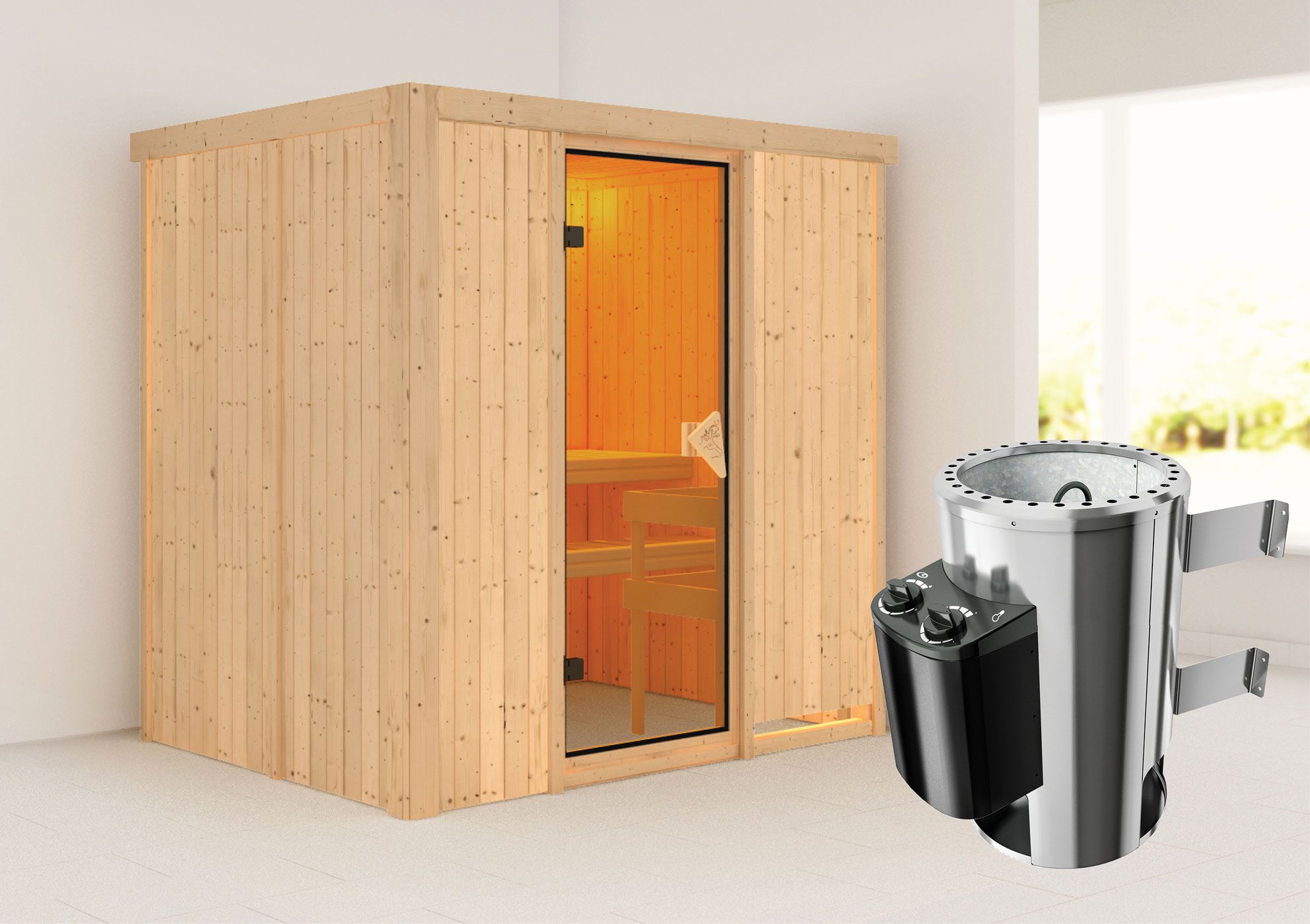 Sauna "Jarle" SET met bronskleurige deur & kachel 3,6 kW - 196 x 151 x 198 cm (B x D x H)