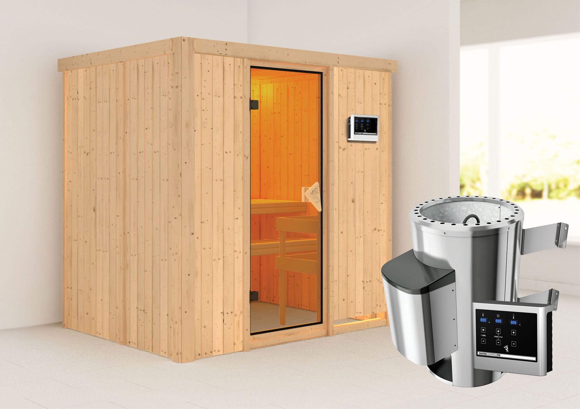 Sauna "Jarle" SET met bronskleurige deur - kleur: natuur, kachel externe regeling eenvoudig 3,6 kW - 196 x 151 x 198 cm (B x D x H)