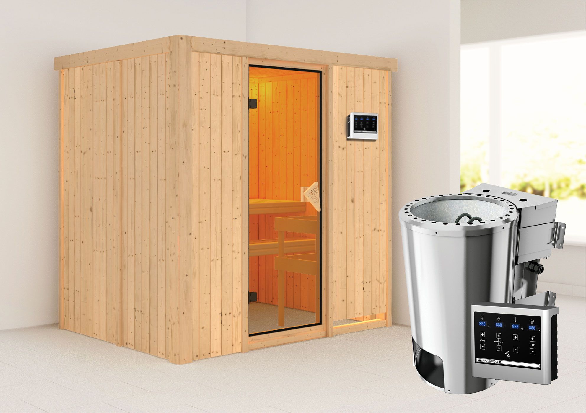 Sauna "Jarle" SET met bronskleurige deur & kachel BIO 3,6 kW - 196 x 151 x 198 cm (B x D x H)