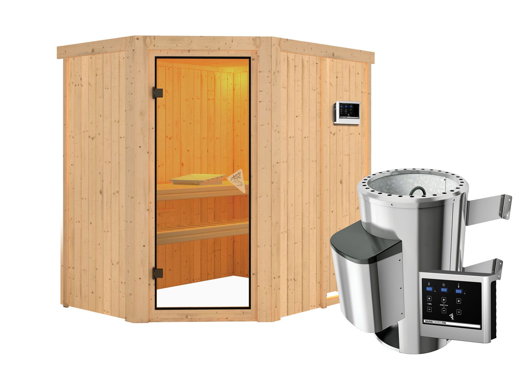 Sauna "Ole" SET met bronskleurige deur - kleur: natuur, kachel externe regeling eenvoudig 3,6 kW - 151 x 196 x 198 cm (B x D x H)