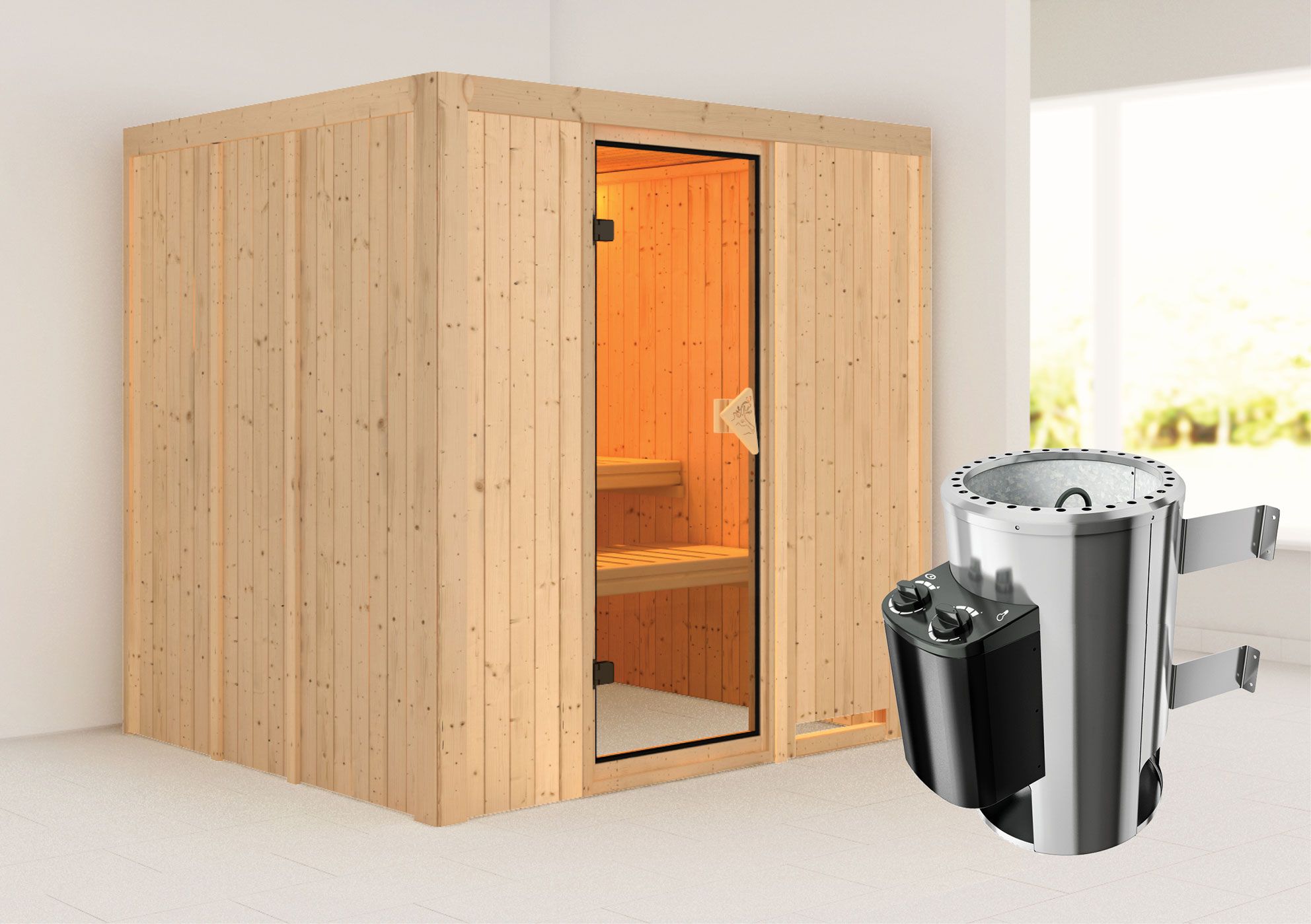 Sauna "Agnar" SET met bronskleurige deur & kachel 3,6 kW integ. Besturing - 196 x 170 x 198 cm (B x D x H)