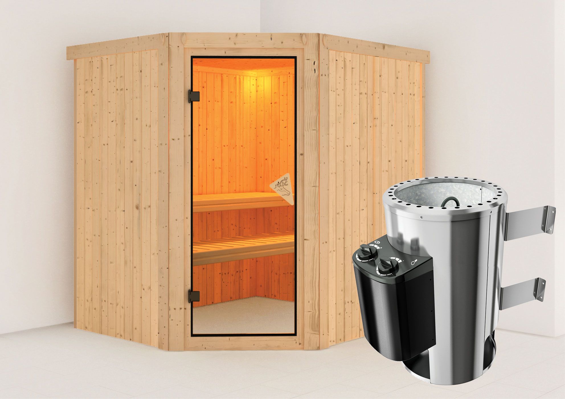 Sauna "Askjell" SET met bronskleurige deur & kachel 3,6 kW - 196 x 170 x 198 cm (B x D x H)