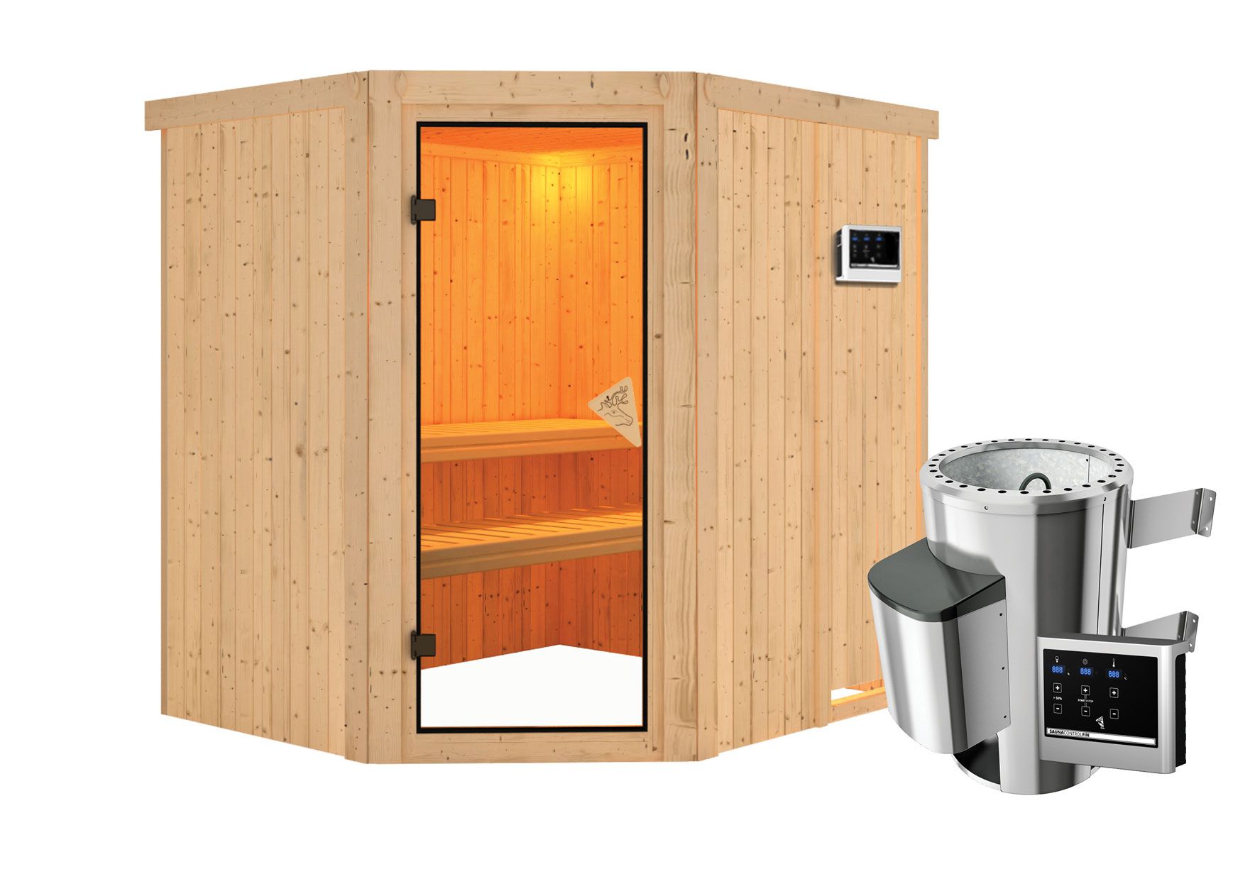 Sauna "Askjell" SET met bronskleurige deur - kleur: natuur, kachel externe regeling easy 3,6 kW - 196 x 170 x 198 cm (B x D x H)