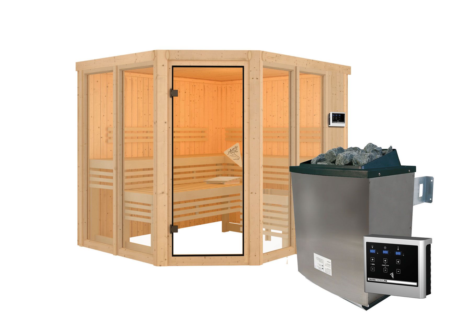 Sauna "Alvara" SET met bronskleurige deur - kleur: natuur, kachel externe regeling eenvoudig 9 kW - 231 x 196 x 198 cm (B x D x H)