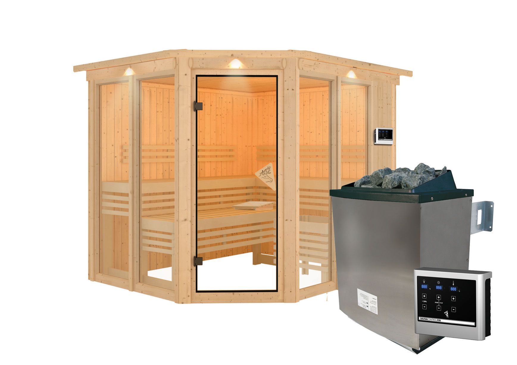 Sauna "Alvara" SET met bronskleurige deur en rand - kleur: naturel, kachel externe regeling eenvoudig 9 kW - 245 x 210 x 202 cm (B x D x H)