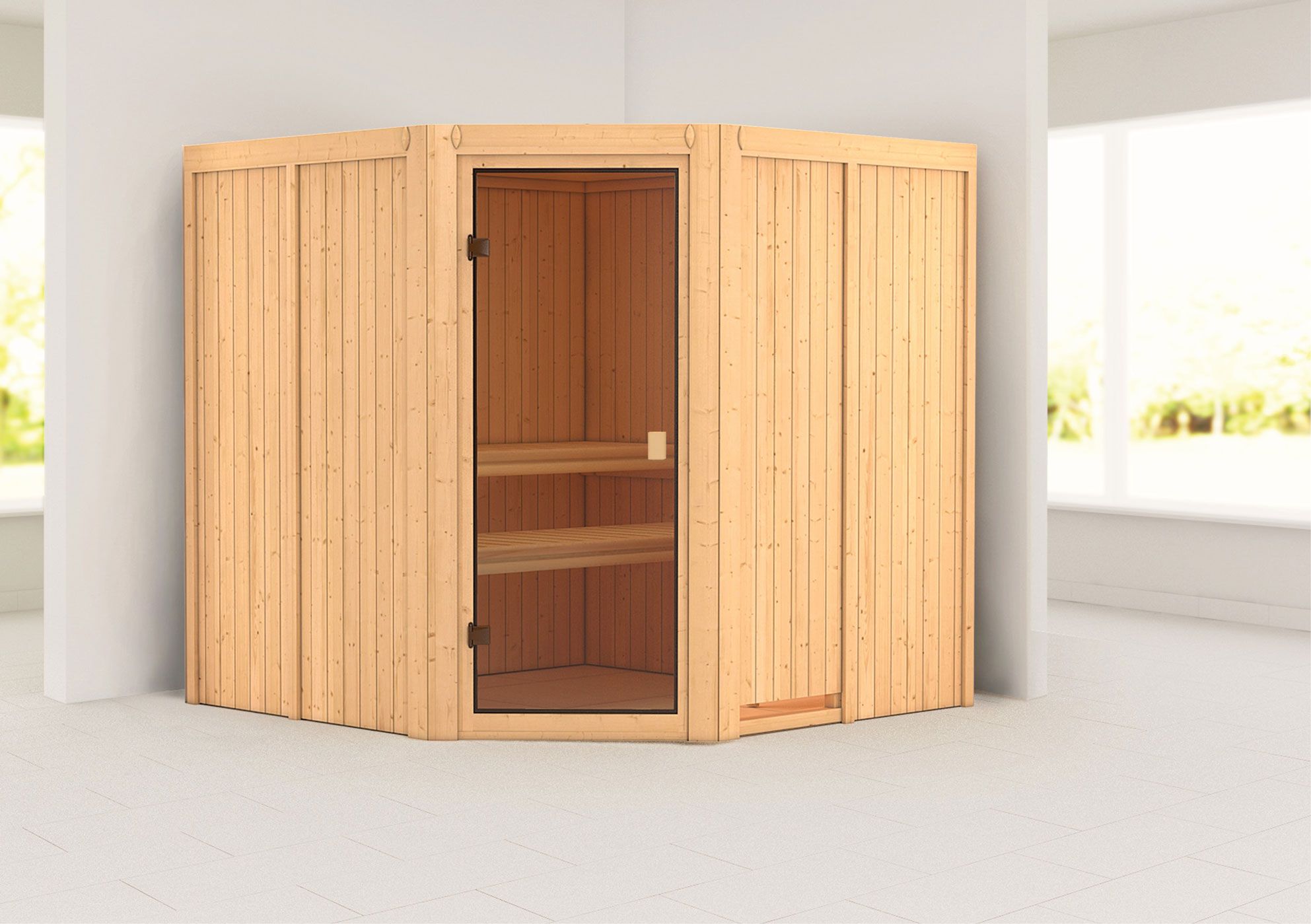 Sauna "Soley" met bronskleurige deur - Kleur: Natuurlijk - 196 x 196 x 198 cm (B x D x H)
