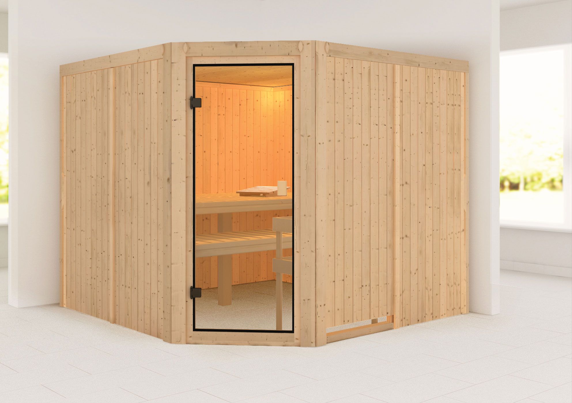 Sauna "Ilian" met bronskleurige deur - Kleur: Natuurlijk - 231 x 231 x 198 cm (B x D x H)